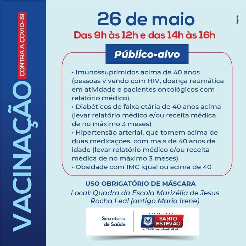 Nesta quarta (26) tem vacinação 1ª dose; confira público-alvo