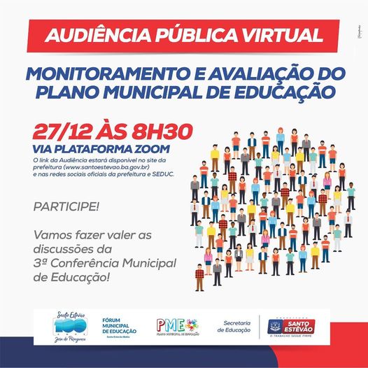 Dia 27 de dezembro será realizada a Audiência Pública Virtual de Monitoramento e Avaliação do Plano Municipal de Educação de Santo Estêvão