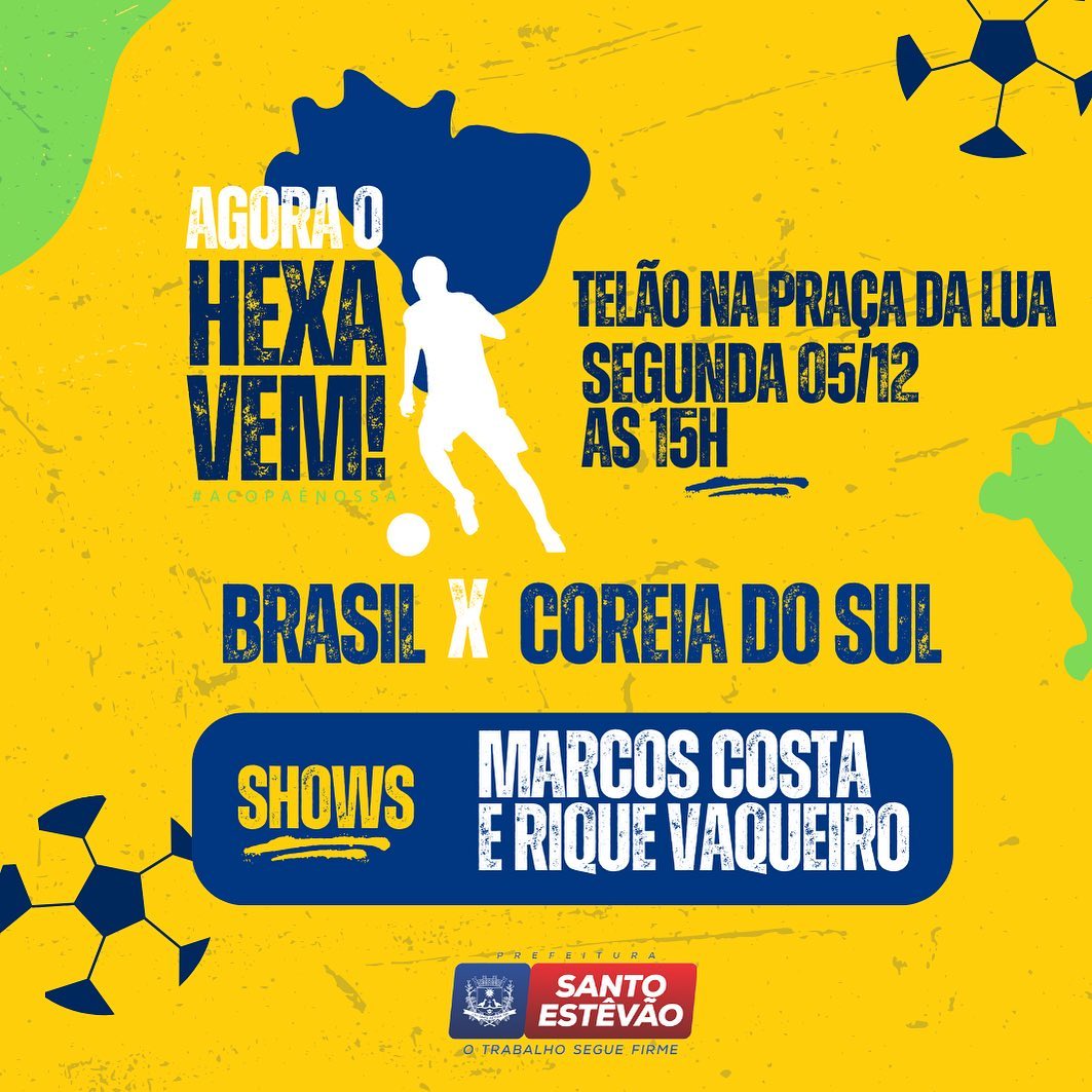 Agora o hexa vem! Nesta segunda (5) tem transmissão do jogo Brasil x Coréia do Sul na Praça da Lua.